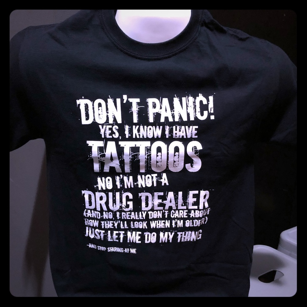 New”Don’t Panic” tattoo shirts, t shirt, graphic shirt, biker clothing